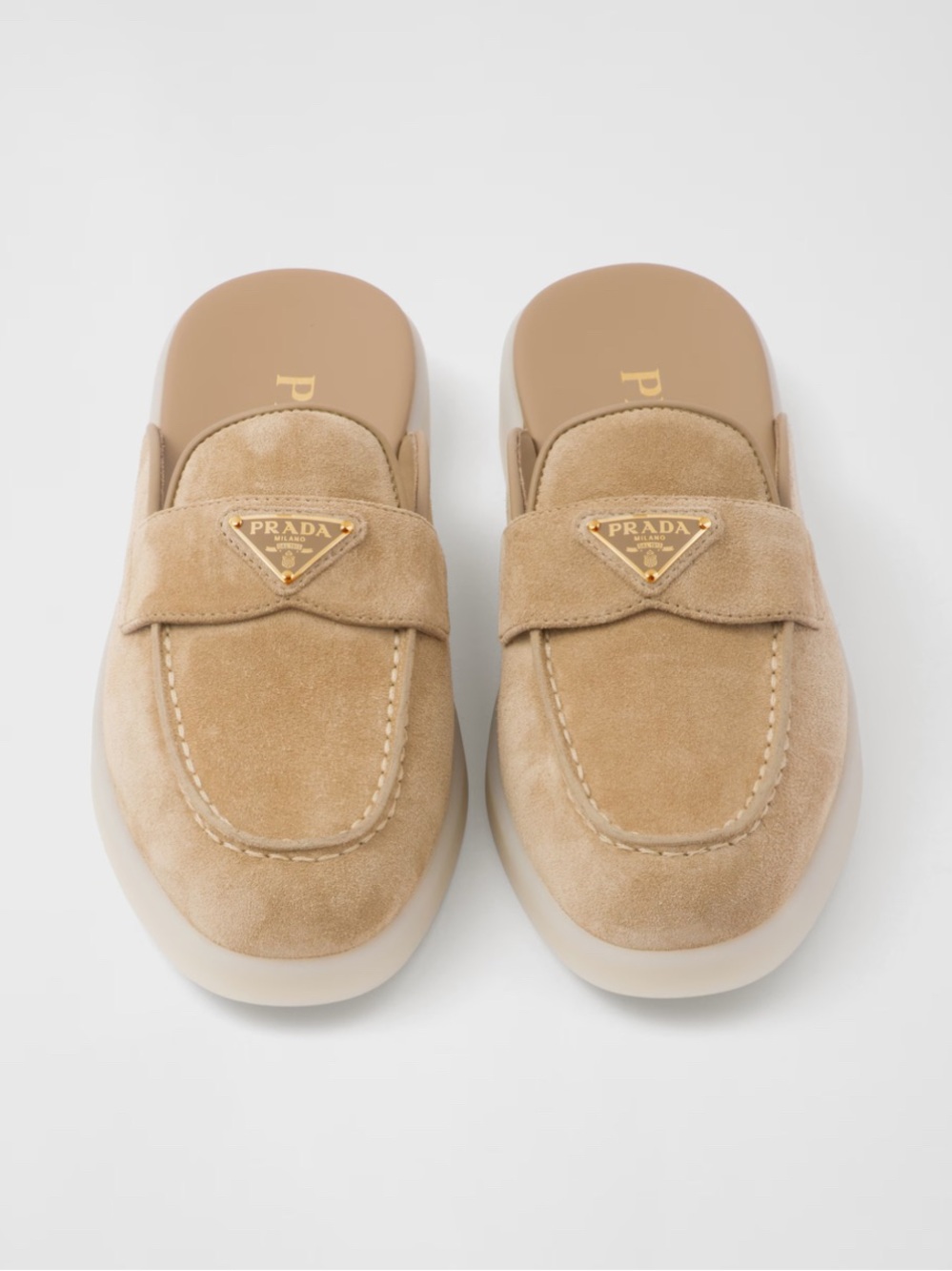Prada Suede Slip-On Mules in Beige with Gold Logo